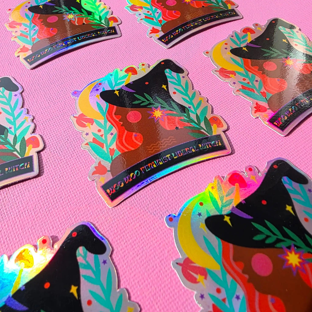 Woo Woo Feminist Liberal Witch rainbow holographic sticker, Rukmini Kelkar